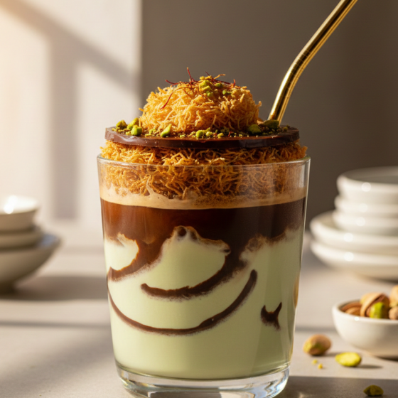 A layered iced Dubai chocolate coffee with pistachio cream and toasted kataifi topping.
