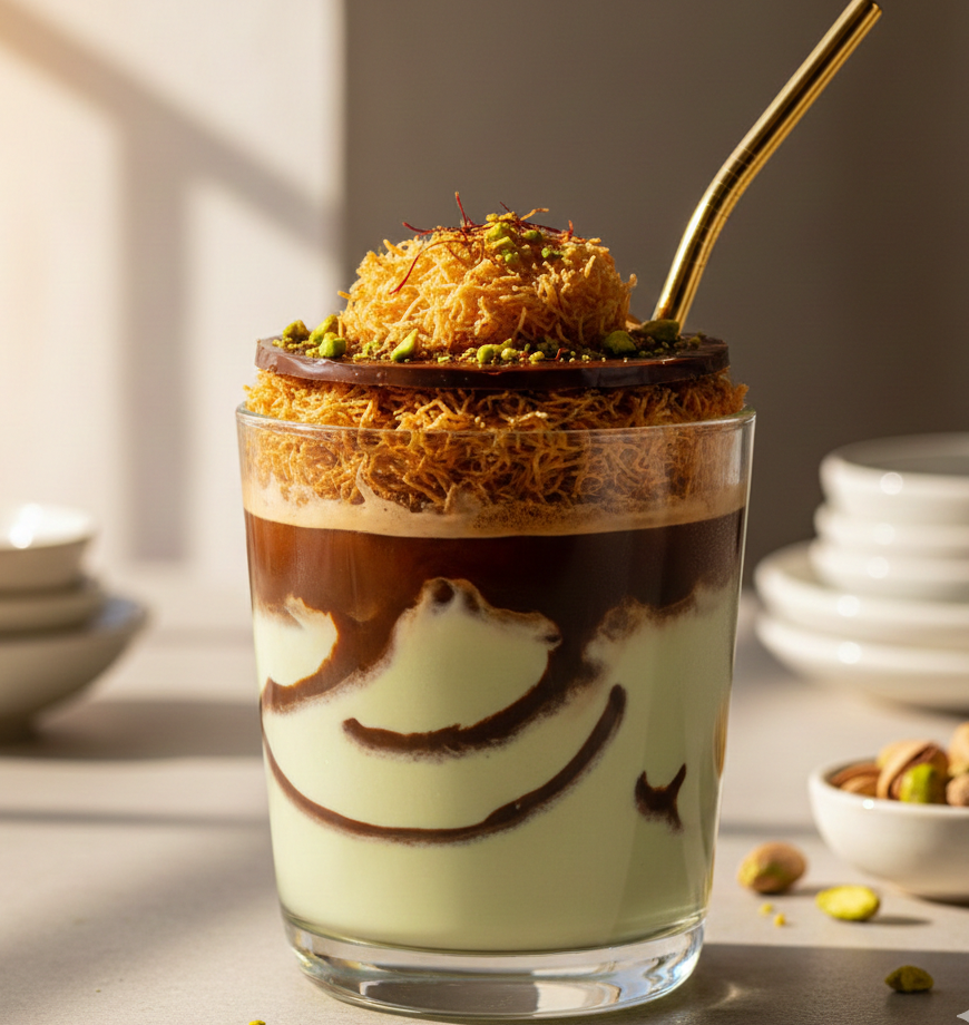 A layered iced Dubai chocolate coffee with pistachio cream and toasted kataifi topping.