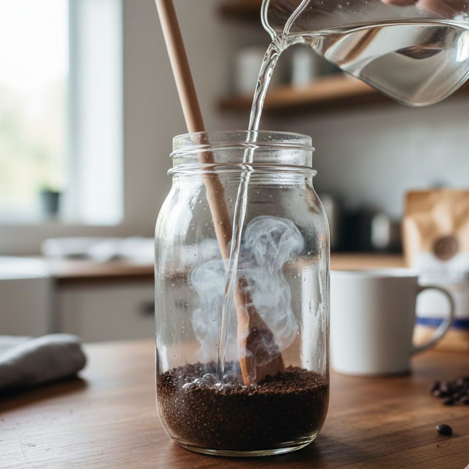 Mason jar with coarse ground coffee and water for cold brew method. How to make cold brew at home.