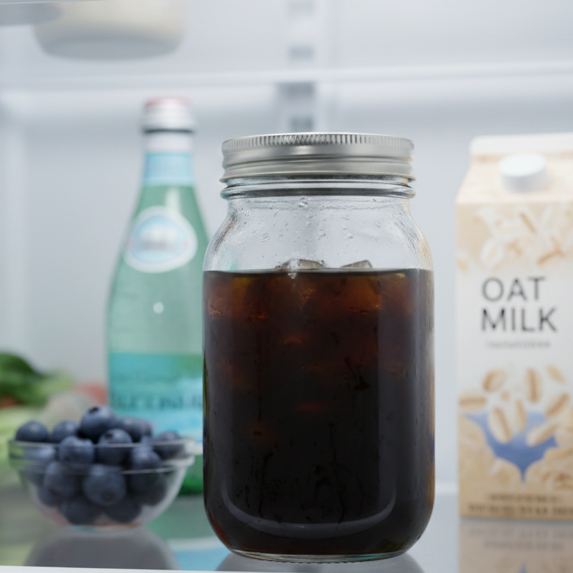 Mason jar of cold brew coffee steeping in refrigerator. 24-hour cold brew steep for smooth coffee.